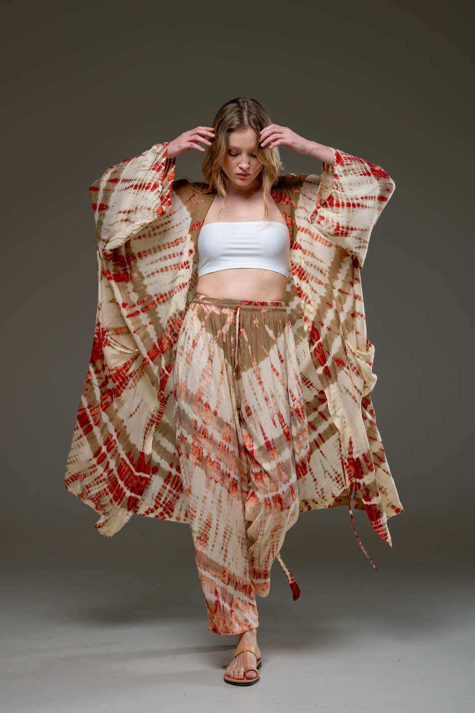 Soft  Rayon beige red tie dye Long Kimono 