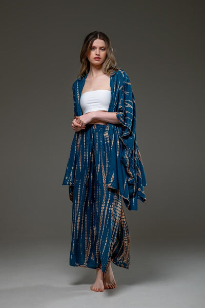 Elegant  Soft  Rayon Blue artistic tie dye side split Pant & Long Kimono Set  