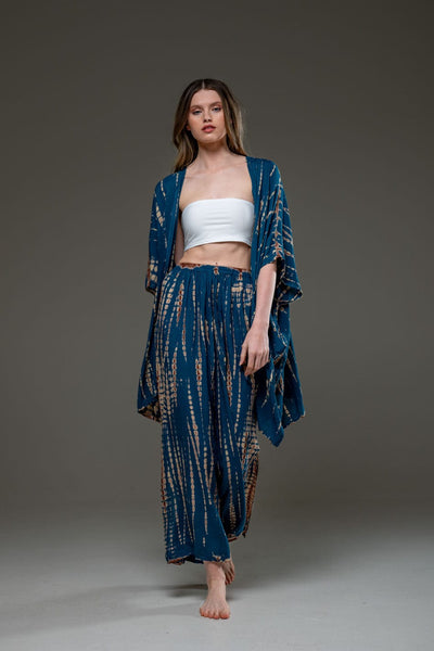 Elegant  Soft  Rayon Blue artistic tie dye side split Pant & Long Kimono Set  