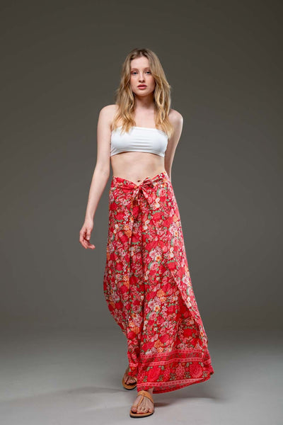Elegant Soft  Rayon Red Flower Border Print wide Leg Side Splits Pants