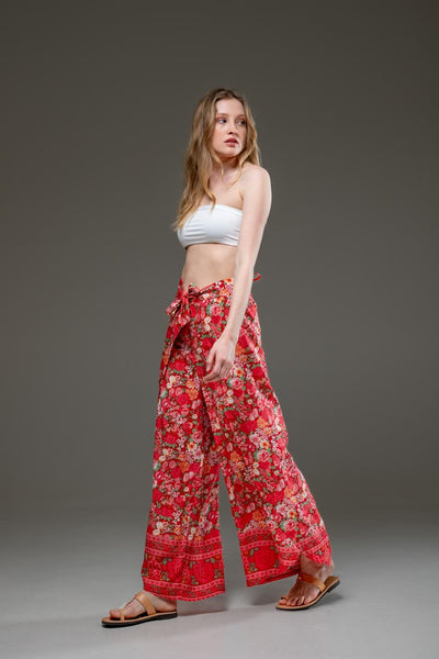 Elegant Soft  Rayon Red Flower Border Print wide Leg Side Splits Pants