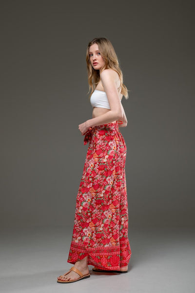 Elegant Soft  Rayon Red Flower Border Print wide Leg Side Splits Pants