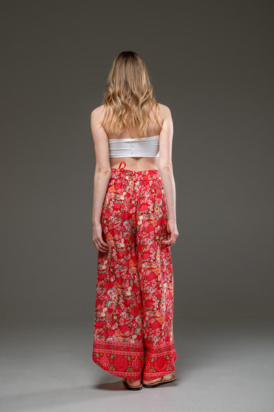Elegant Soft  Rayon Red Flower Border Print wide Leg Side Splits Pants