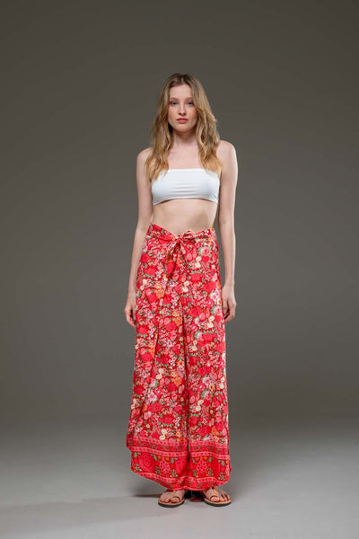 Elegant Soft  Rayon Red Flower Border Print wide Leg Side Splits Pants 