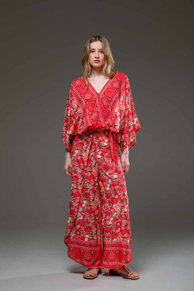 Elegant Soft  Rayon Red Flower Border Print wide Leg Side Splits Pants and V Neck Blouse Set