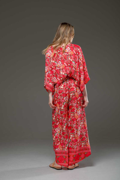 Elegant Soft  Rayon Red Flower Border Print wide Leg Side Splits Pants and V Neck Blouse Set