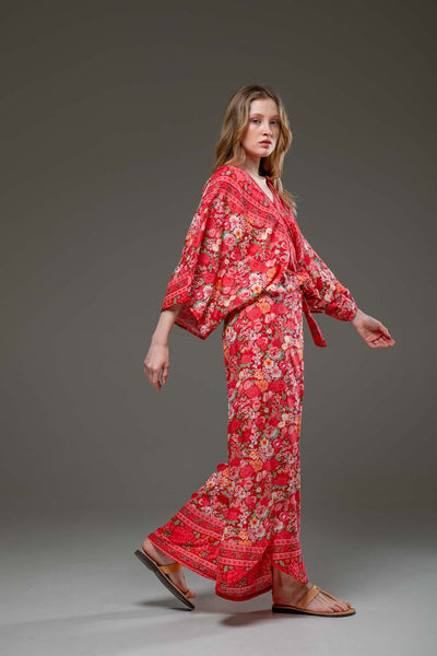 Elegant Soft  Rayon Red Flower Border Print wide Leg Side Splits Pants and V Neck Blouse Set