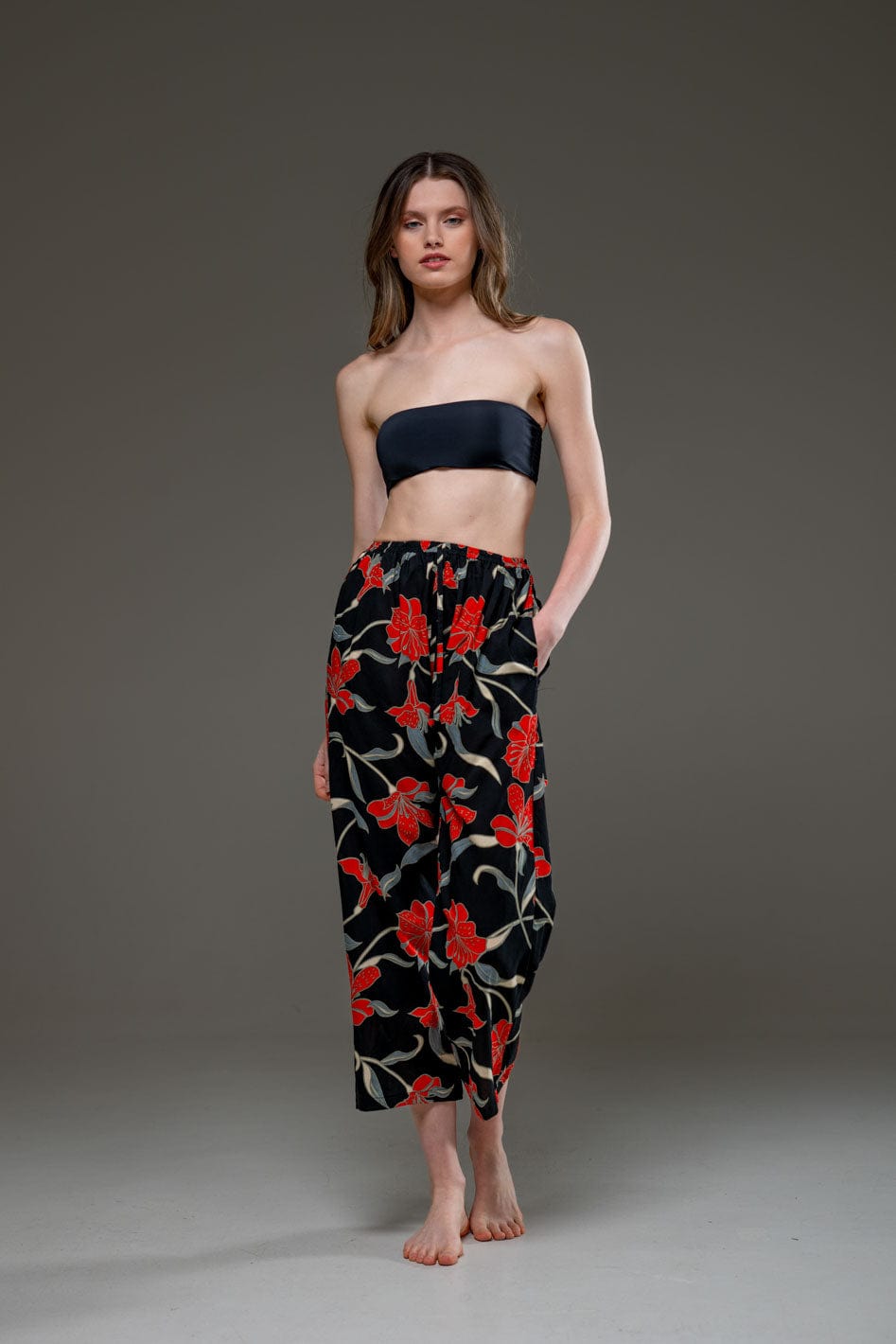 Elegant Soft  Rayon Red Flower print wide Leg Pants 