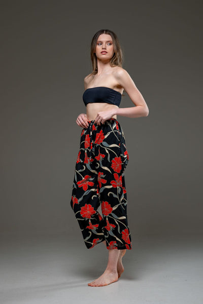 Elegant Soft  Rayon Red Flower print wide Leg Pants 