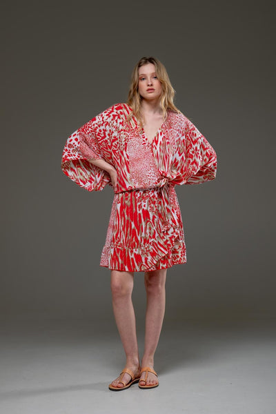 Elegant Soft Rayon Red Tiger Pattern Ruffled Hemline Elastic Waist Short Skirt & Blouse Set