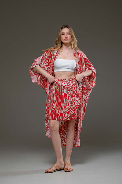 Elegant Soft  Rayon Red Tiger Pattern  Ruffled Hemline Elastic Waist Short Skirt & Kimono Set