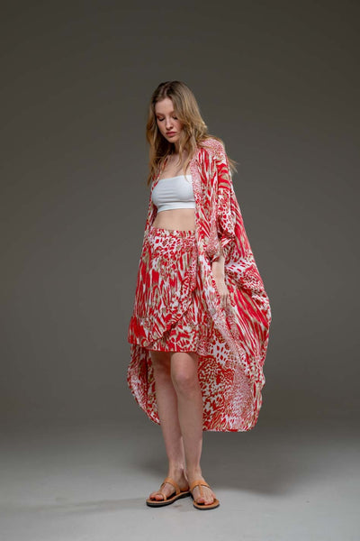 Elegant Soft Rayon Red Tiger Pattern Ruffled Hemline Elastic Waist Short Skirt & Kimono Set