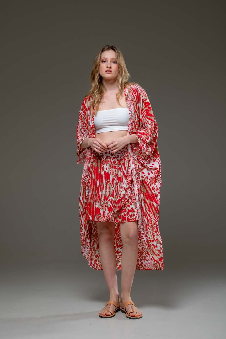 Elegant Soft Rayon Red Tiger Pattern Ruffled Hemline Elastic Waist Short Skirt & Kimono Set