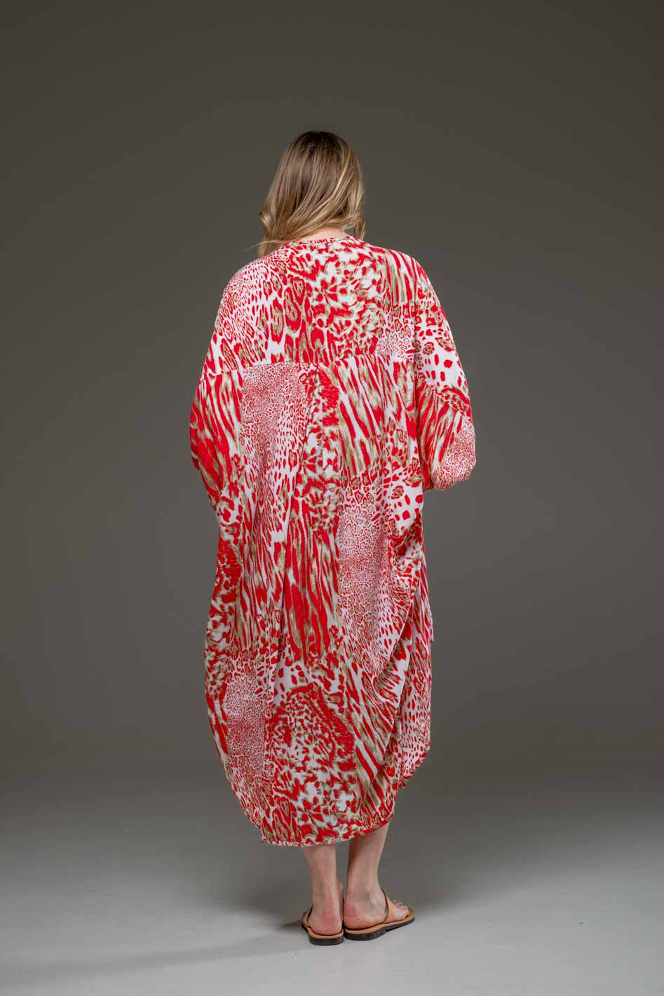 Elegant Soft Rayon Red Tiger Pattern Ruffled Hemline Elastic Waist Short Skirt & Kimono Set