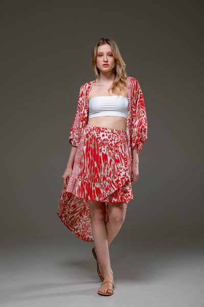 Elegant Soft Rayon Red Tiger Pattern Ruffled Hemline Elastic Waist Short Skirt & Kimono Set