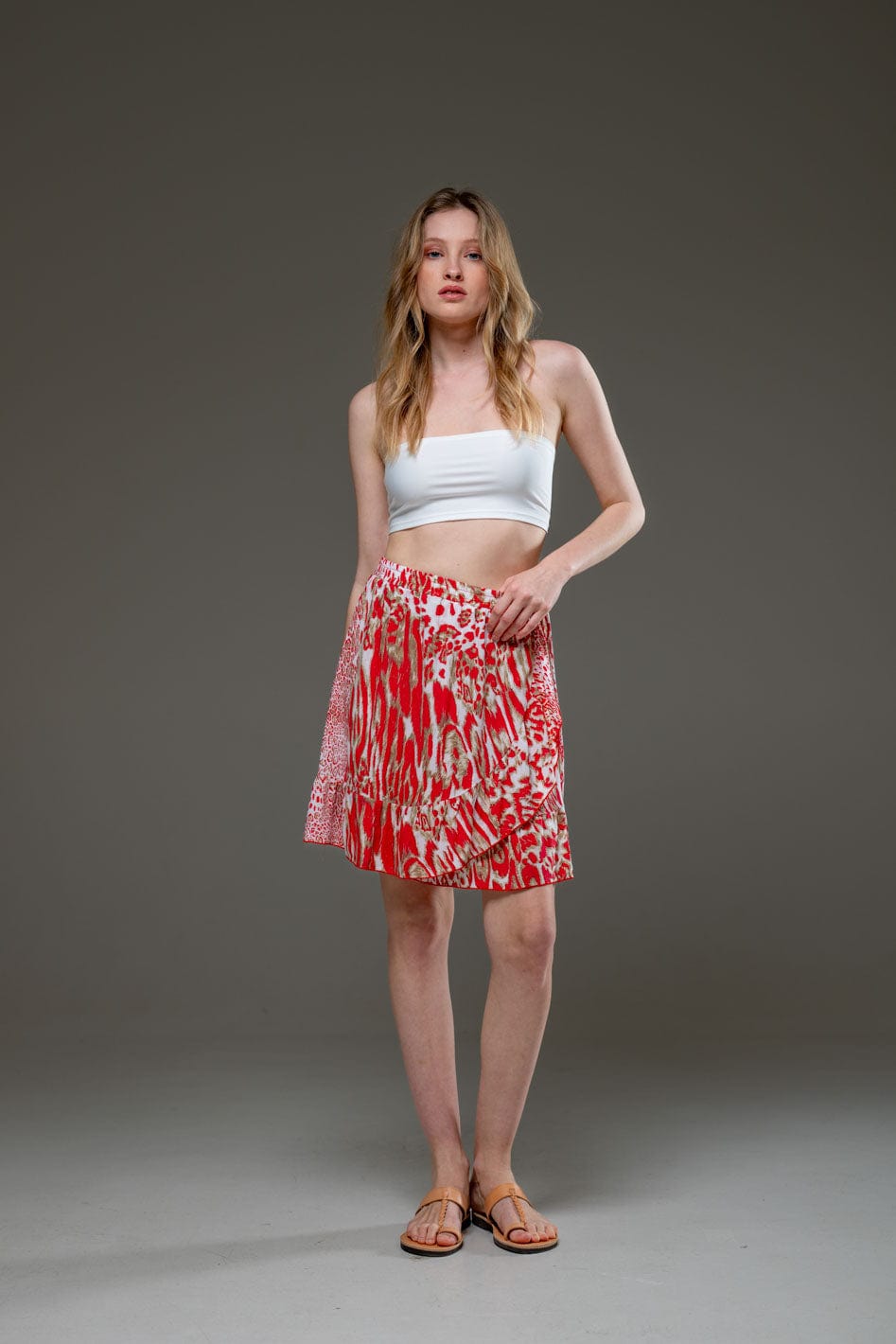 Elegant Soft Rayon Red Tiger Pattern Ruffled Hemline Elastic Waist Short Skirt 
