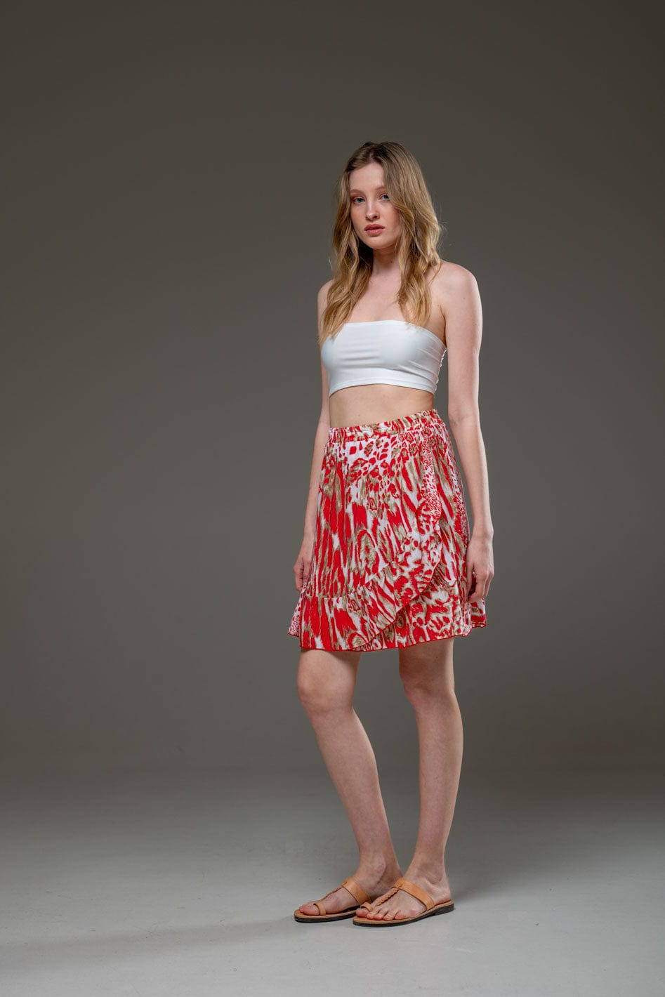 Elegant Soft Rayon Red Tiger Pattern Ruffled Hemline Elastic Waist Short Skirt