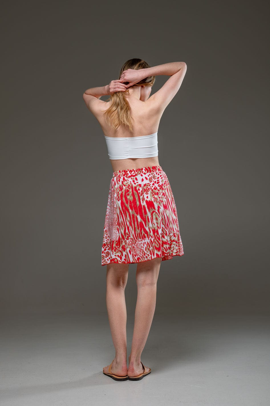 Elegant Soft  Rayon Red Tiger Pattern  Ruffled Hemline Elastic Waist Short Skirt 