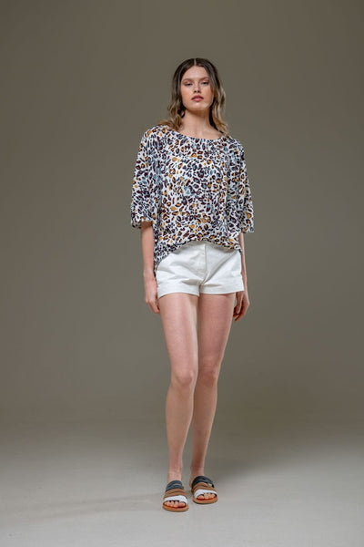 Elegant Soft  Rayon mixed colors leopard Print  Flowing Blouse 