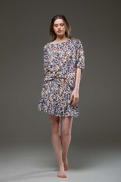 Elegant Soft  Rayon mixed colors leopard Print  Ruffled Hemline Elastic Waist Short Skirt & Blouse Set 