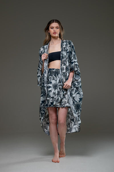 Elegant Super Luxury Soft Rayon Drak Lotus Digital print short skirt and Long Open Kimono Set 