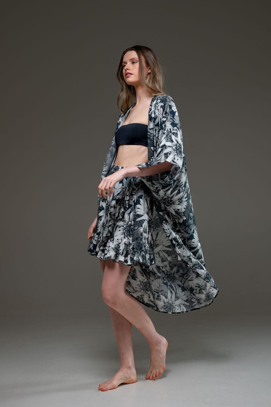 Elegant Super Luxury Soft Rayon Drak Lotus Digital print short skirt and Long Open Kimono Set 