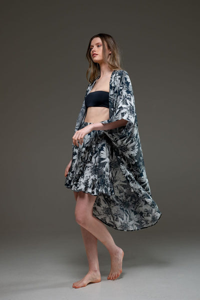 Elegant Super Luxury Soft Rayon Drak Lotus Digital print short skirt and Long Open Kimono Set 