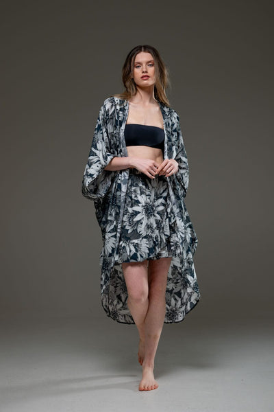 Elegant Super Luxury Soft Rayon Drak Lotus Digital print short skirt and Long Open Kimono Set 