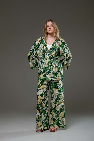 Elegant Super Soft Rayon Green Leaf print long straight wide leg pants and long sleeve kimono Set