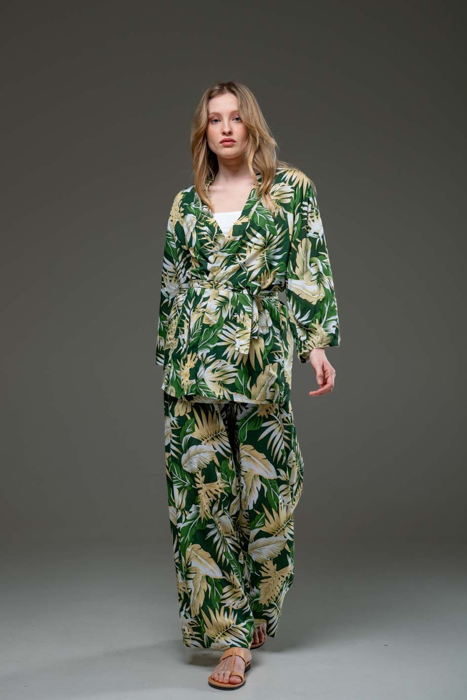 Elegant Super Soft Rayon Green Leaf print long straight wide leg pants and long sleeve kimono Set