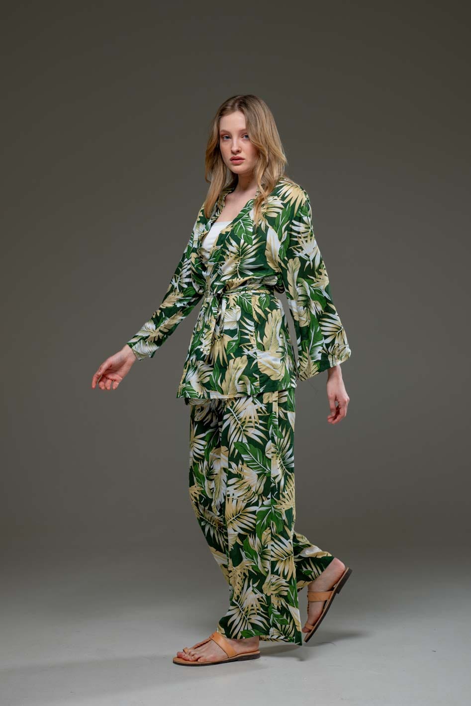 Elegant Super Soft Rayon Green Leaf print long straight wide leg pants and long sleeve kimono  Set 
