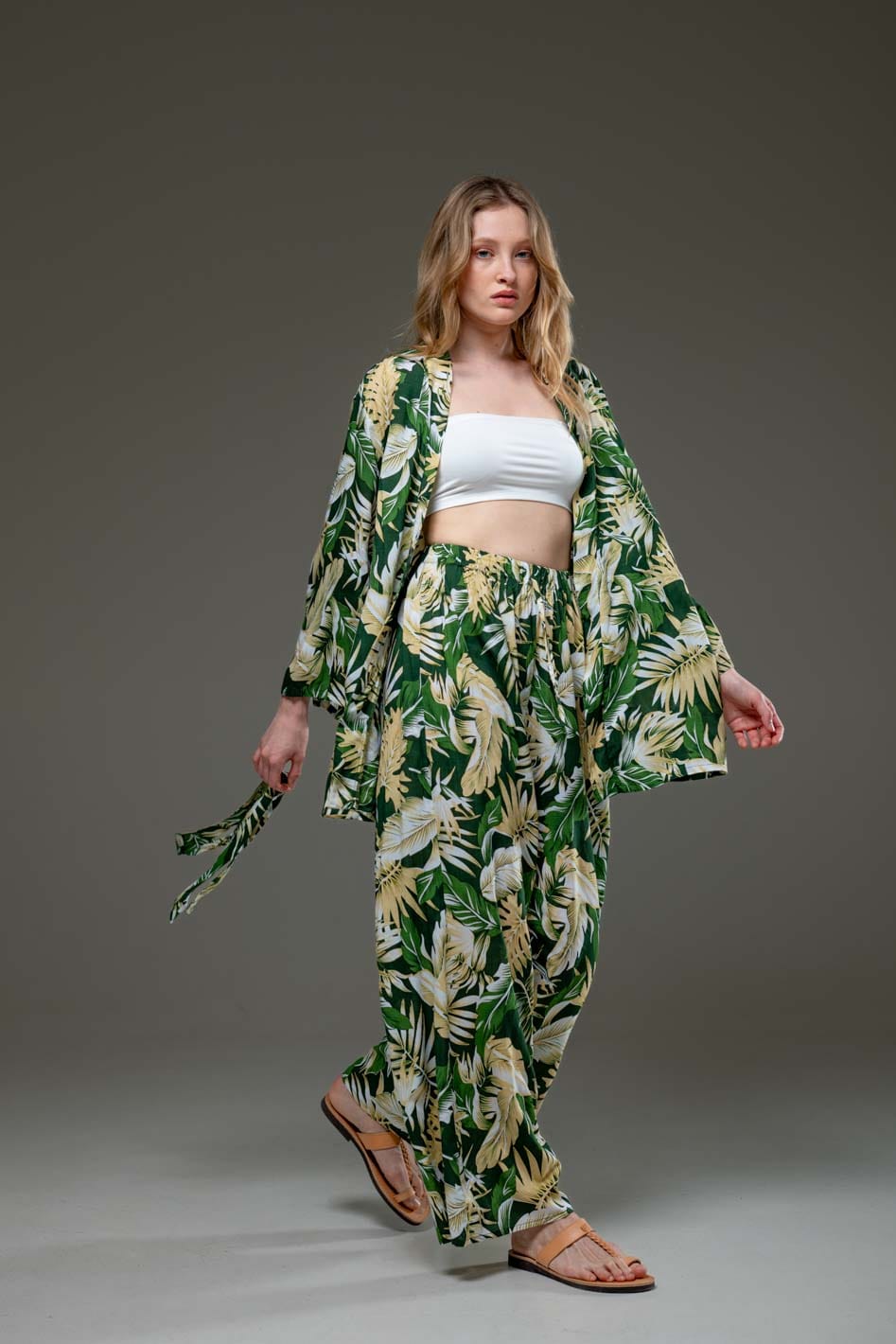 Elegant Super Soft Rayon Green Leaf print long straight wide leg pants and long sleeve kimono Set