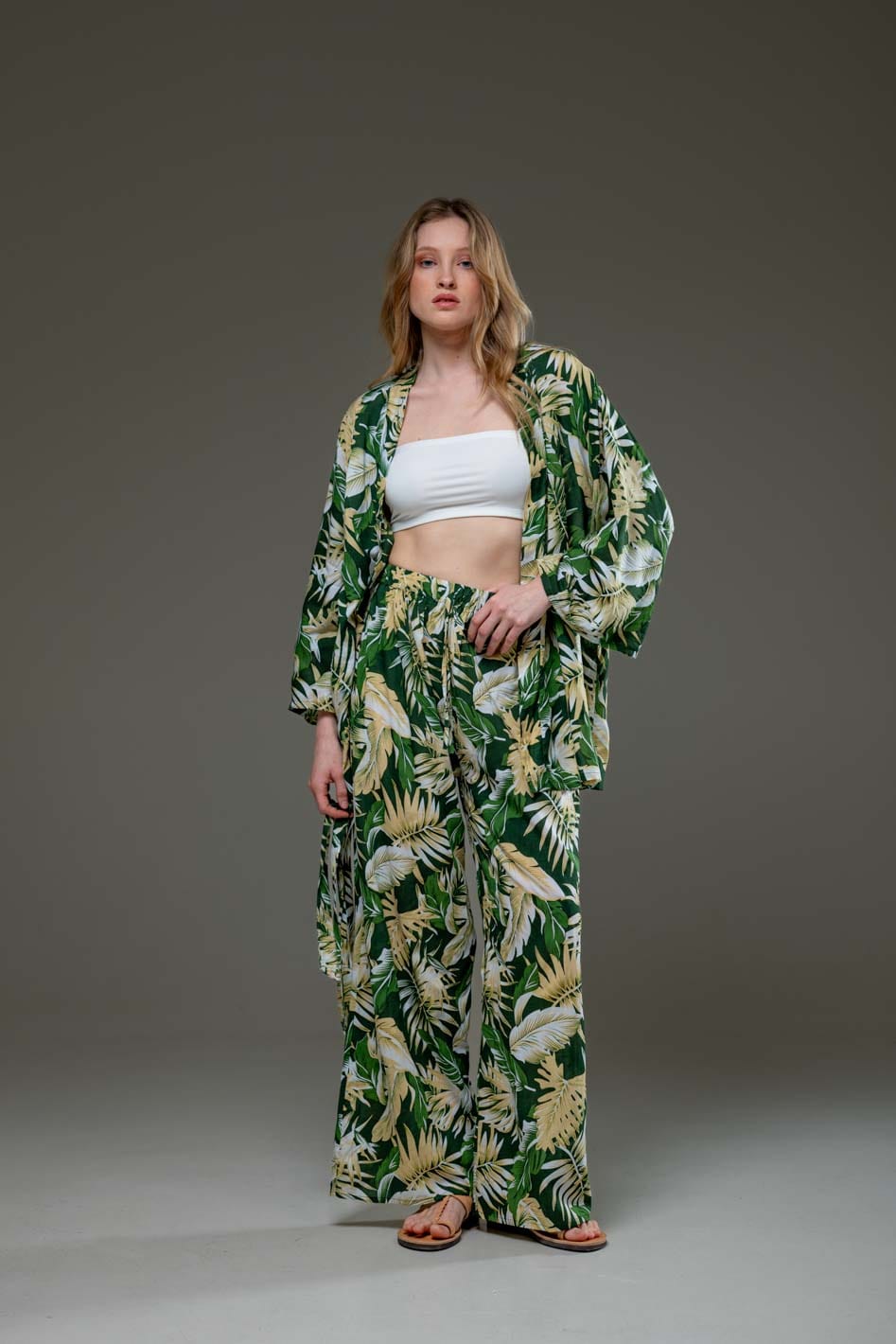 Elegant Super Soft Rayon Green Leaf print long straight wide leg pants and long sleeve kimono Set