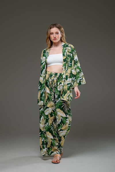 Elegant Super Soft Rayon Green Leaf print long straight wide leg pants and long sleeve kimono Set