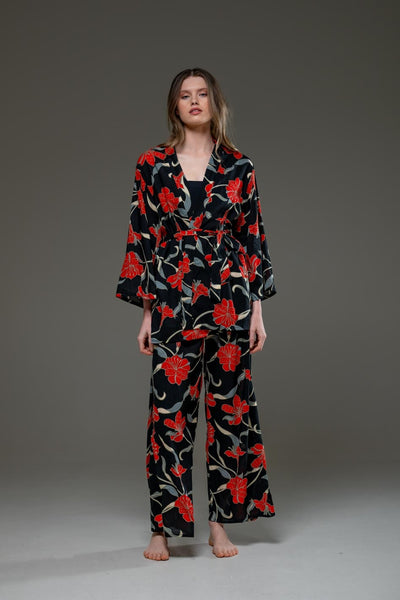Elegant Super Soft Rayon Red Flower print long straight wide leg pants and long sleeve kimono  Set  