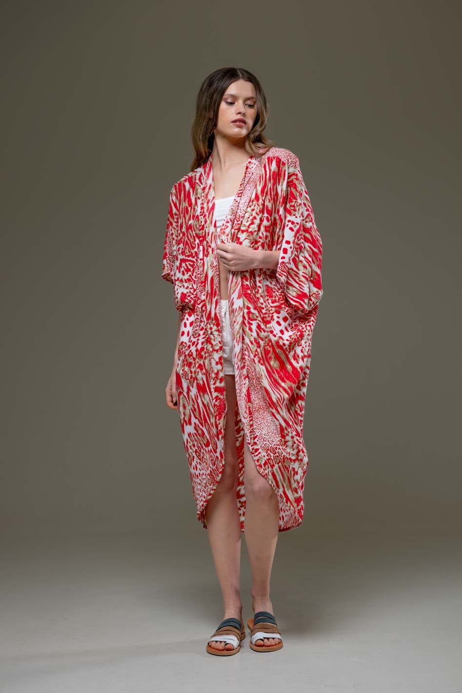 Elegant Super Soft Rayon Red Tiger Animal Print Long Open Kimono