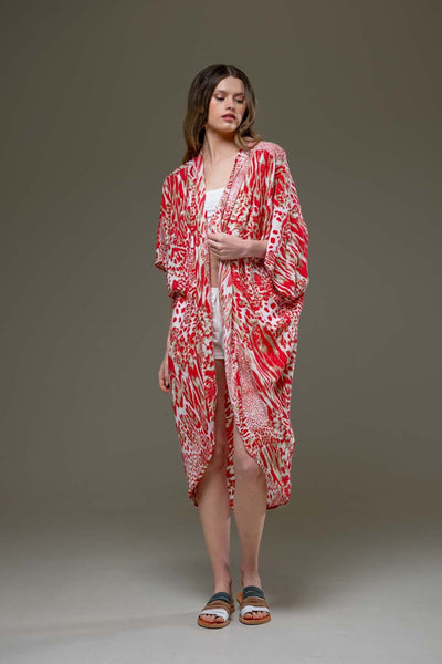 Elegant Super Soft Rayon Red Tiger Animal Print Long Open Kimono
