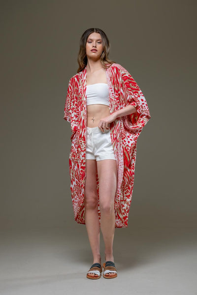 Elegant Super Soft Rayon Red Tiger Animal Print Long Open Kimono