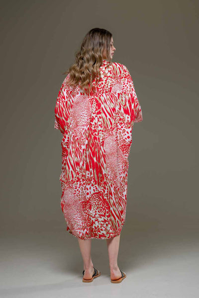 Elegant Super Soft Rayon Red Tiger Animal Print Long Open Kimono