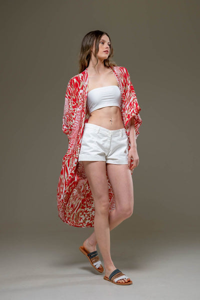 Elegant Super Soft Rayon Red Tiger Animal Print Long Open Kimono