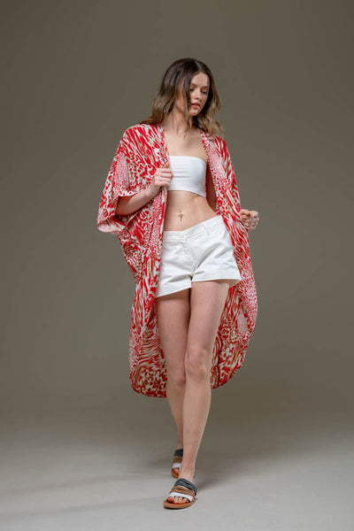 Elegant Super Soft Rayon Red Tiger Animal Print Long Open Kimono