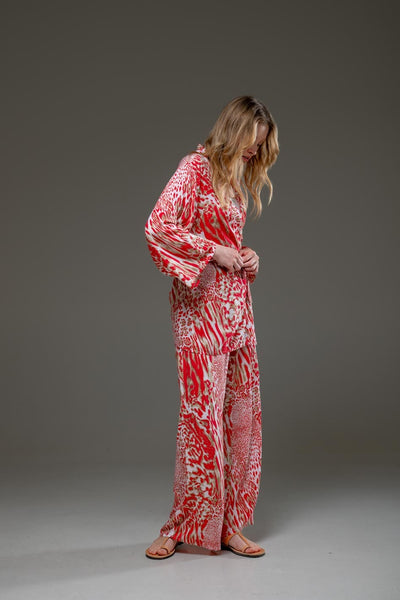 Elegant Super Soft Rayon Red Tiger print long straight wide leg pants and long sleeve kimono  Set  