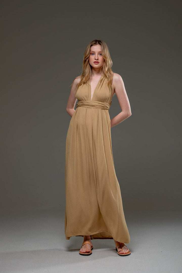 GOlden Sand Color Rayon Crepe Infinity Convertible A line Long Dress 