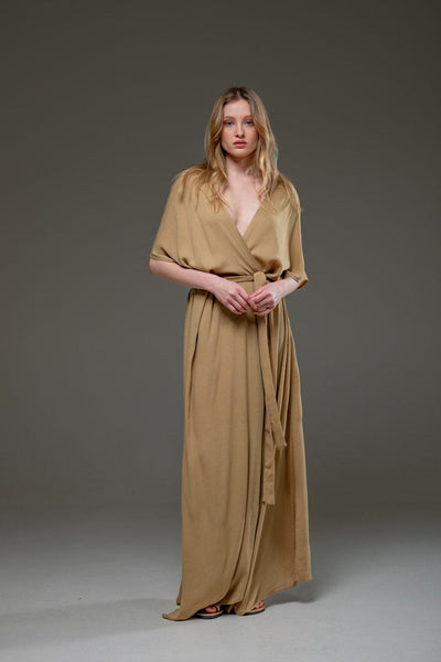 Golden Sand Color Rayon Crepe Elegant Chic adjustable short sleeves self tie belt wrap Long Dress 