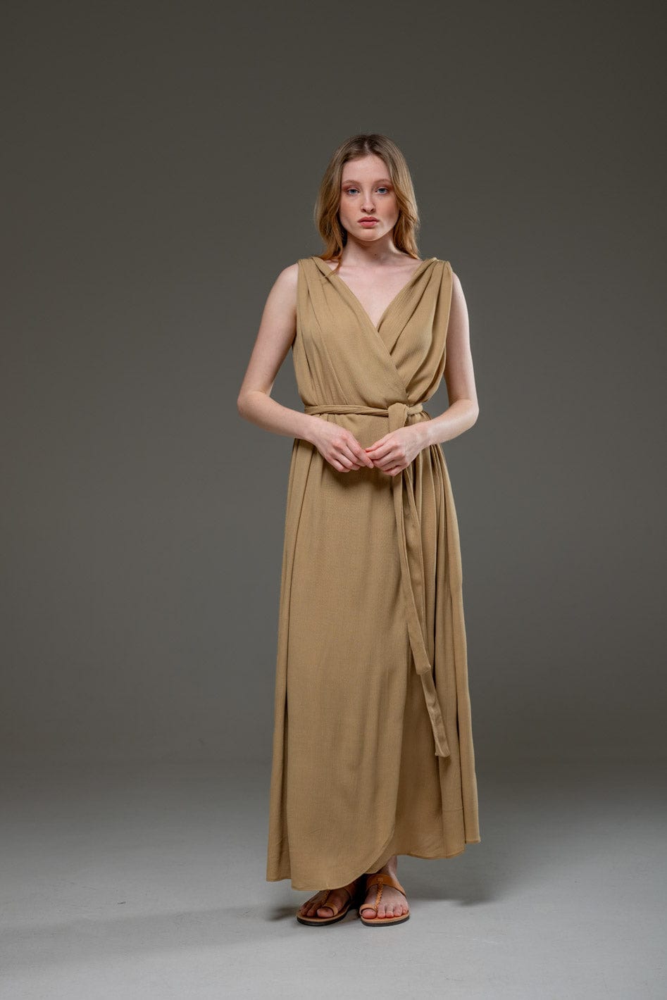 Golden Sand Color Rayon Crepe Elegant Chic adjustable short sleeves self tie belt wrap Long Dress 
