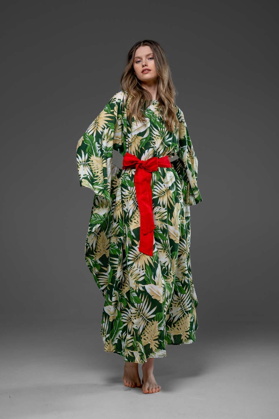 Green Leaf Pattern with Side Round splits Long Kaftan Dress With Belt 