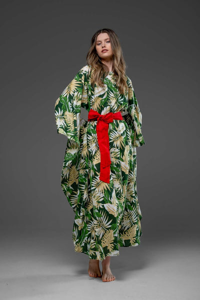 Green Leaf Pattern with Side Round splits Long Kaftan Dress With Belt 