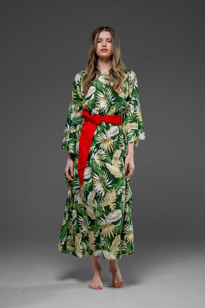 Green Leaf Pattern with Side Round splits Long Kaftan Dress With Belt 
