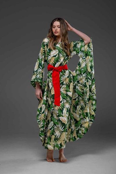 Green Leaf Pattern with Side Round splits Long Kaftan Dress With Belt 