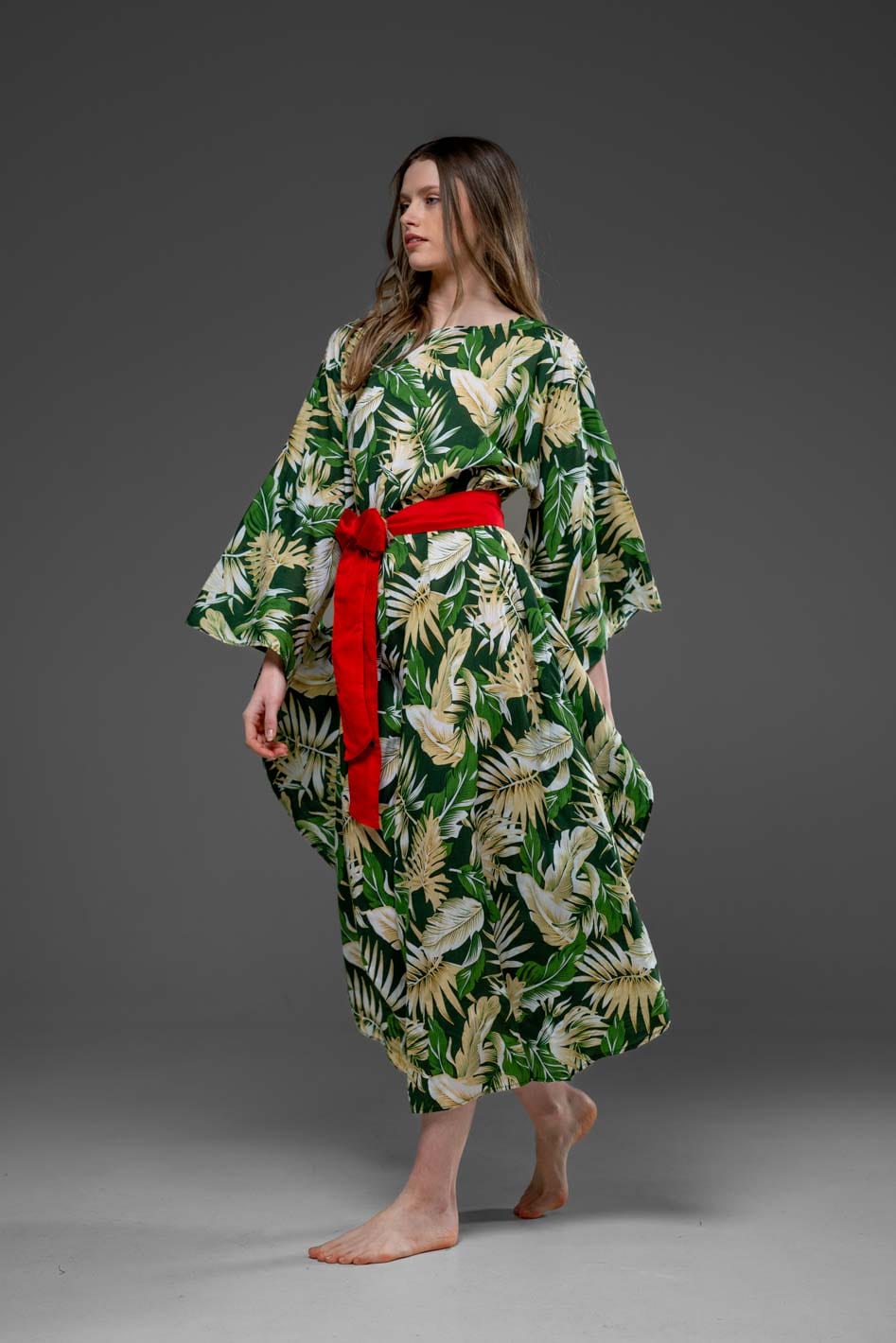 Green Leaf Pattern with Side Round splits Long Kaftan Dress With Belt 